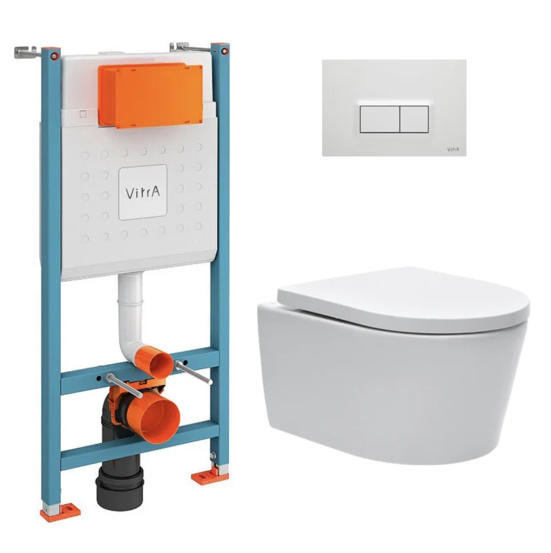 Pack WC Bâti-support V-Fix Core + WC SAT sans bride et fixations invisibles + Plaque, Blanc brillant (V-FixSATrimless-1) Affaire À Saisir