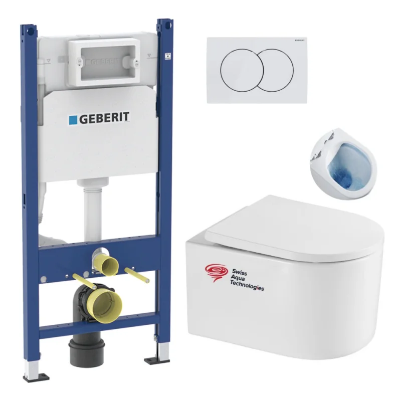 Pack WC Bâti-support Geberit + WC sans bride Swiss Aqua Technologies + abattant SoftClose + plaque Promotion Saisonnière
