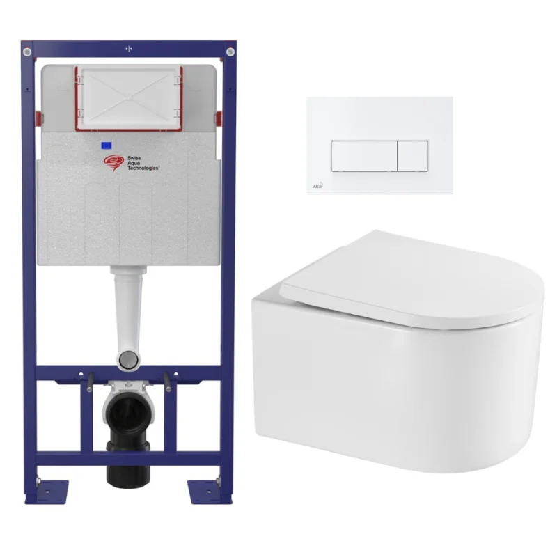 Bon Plan Pack WC Bâti-support Autoportant + WC sans bride SAT Delano + Abattant SoftClose + Plaque Blanche (SMART-Delano-4)