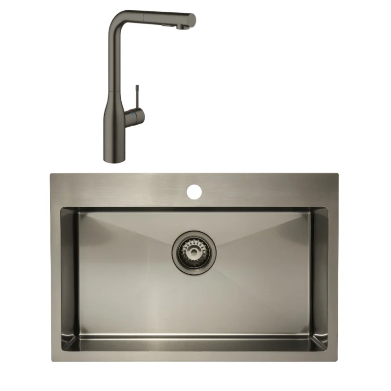 /Grohe - Set Aurum Évier de cuisine encastrable, 68x45x21 cm + Mitigeur monocommande, Gun Metal brossé Paiement Sécurisé