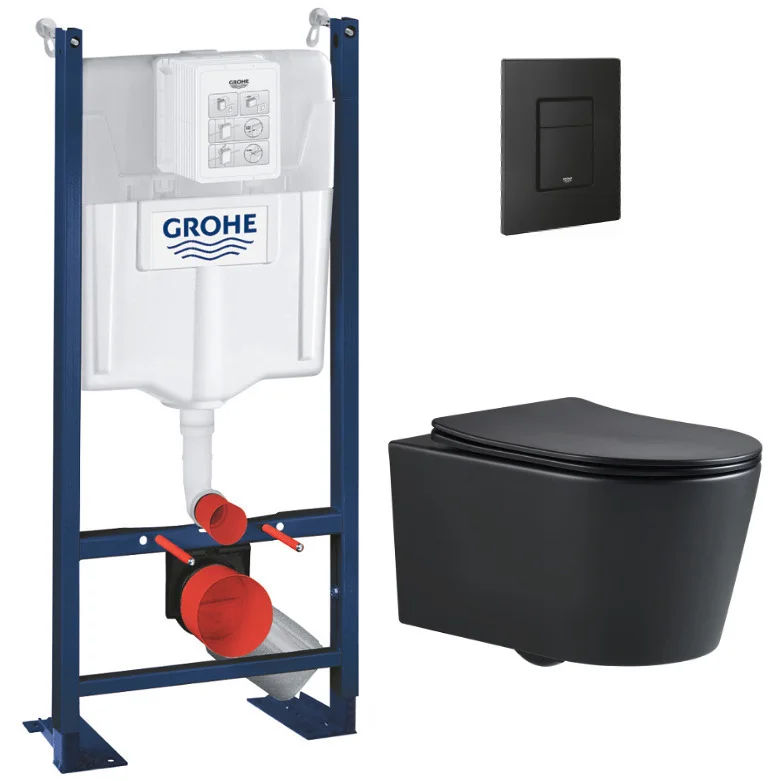 Prix Bas Pack WC Bâti-support Rapid SL + WC SAT sans bride noir mat + Abattant softclose + Plaque noire mat