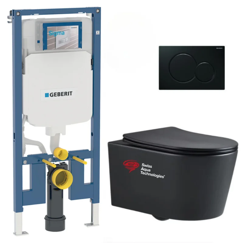 Pack WC Bati-support Geberit slim + WC sans bride Swiss Aqua Technologies + plaque noire mat (SLIMBLSATASP) Meilleur Choix