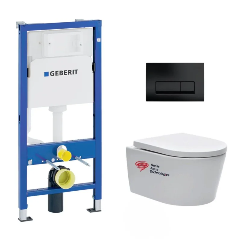 Pack WC Bâti-support Geberit + cuvette Swiss Aqua Technologies suspendue sans bride + plaque noir mat (SATRIMLESSGEB10-SP) Retour Gratuit