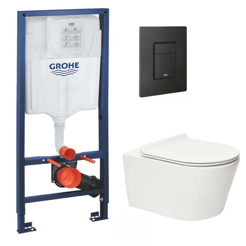 Pack WC Bâti-support Rapid SL + WC sans bride SAT + Abattant slim, softclose + Plaque de commande noir mat Vente Flash