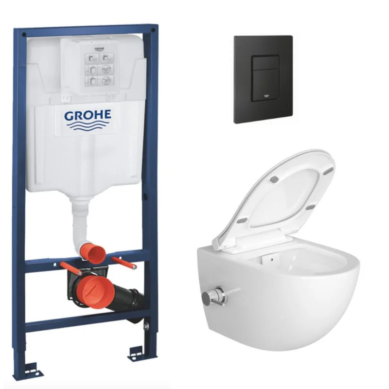 Pack Bati-support Project + WC sans bride avec fonction bidet thermostatique + Plaque Noir mat (RapidSL-SATClean-KF0) Remise