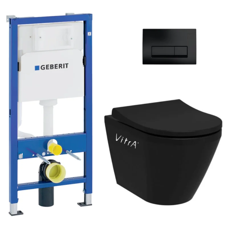 Duofix UP100 Pack bâti-support + WC sans bride Vitra Integra + Abattant SoftClose + Plaque Delta 50 Noir Mat (BlackIntegraGeb10) Authentique