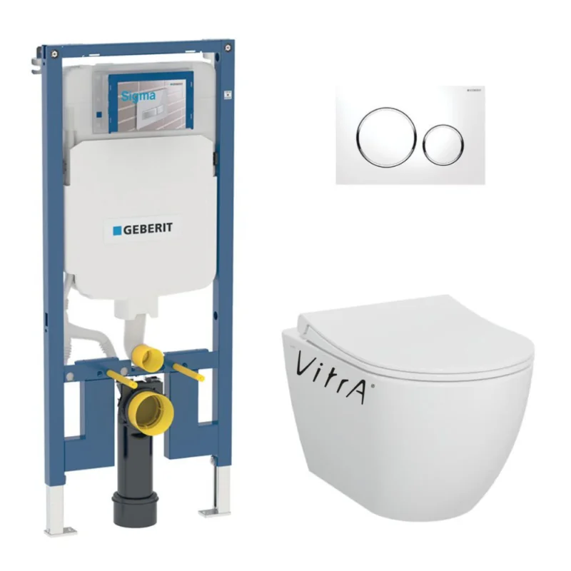 Pack bâti-support Geberit extra-plat UP720 + WC sans bride Vitra S60 + Abattant SoftClose + Plaque blanche (SLIM-S60-C) Nouveauté