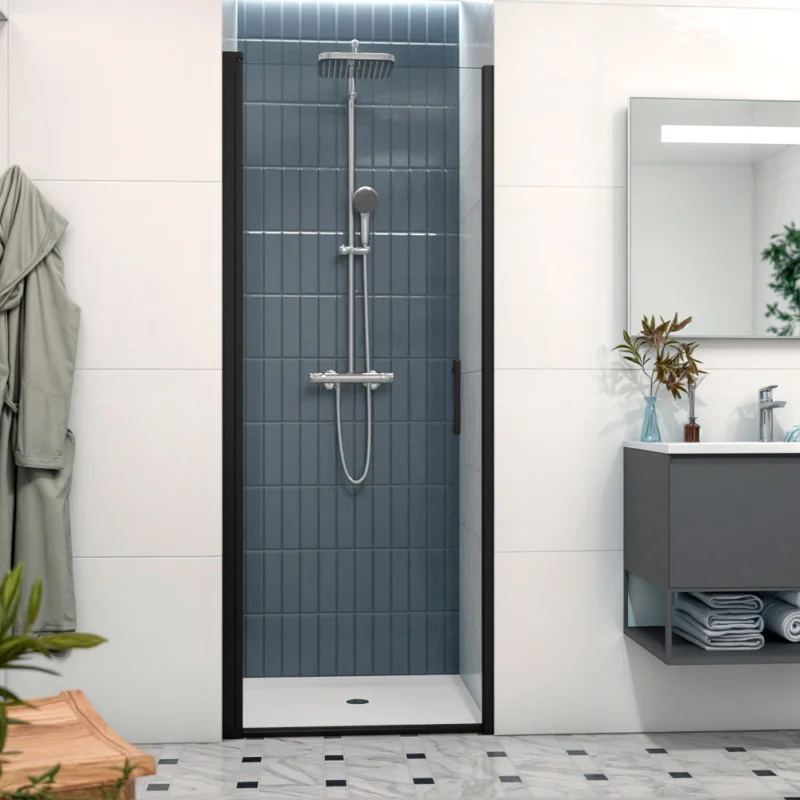 Haute Qualité Fusion Porte de douche 80x196cm pivotante anticalcaire avec profilé noir mat (SATFUD80NIKAC)