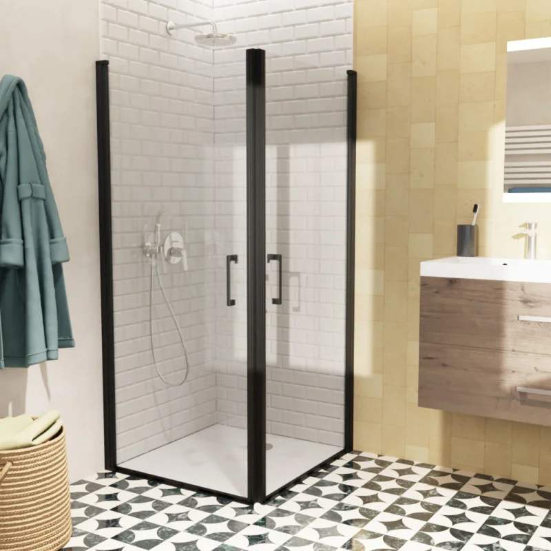 Fusion Portes de douche acces en angle pivotantes 80x80cm anticalcaire avec profilés noir mat (SATFUD8080C) Meilleur Prix