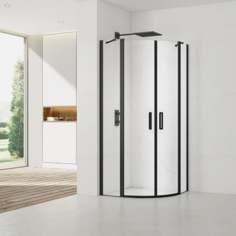 Set Porte de douche 90x195 cm transparente noir + 2x Poignée pour porte de douche, Noir (SATFUSP90CT-SET) Top Vente