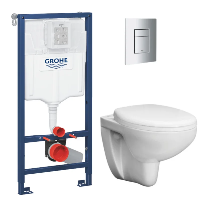 Pack WC Bâti support Grohe Rapid SL + Cuvette sans bride Grohe Bau Ceramic, Blanc + plaque de déclenchement Chrome (39586000) Bon Marché