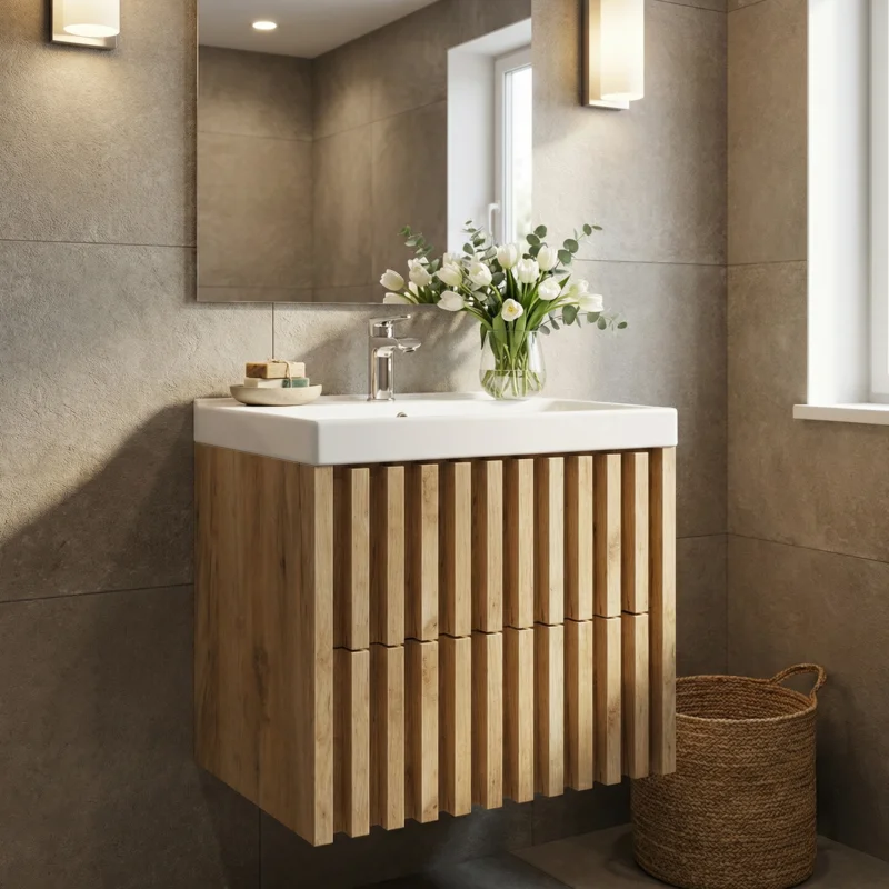 Paiement Sécurisé Meuble salle de bain suspendu 60 x 56 x 46 cm avec lavabo décor lattes chêne mat Delano SAT (DELANO60ZDSAT)
