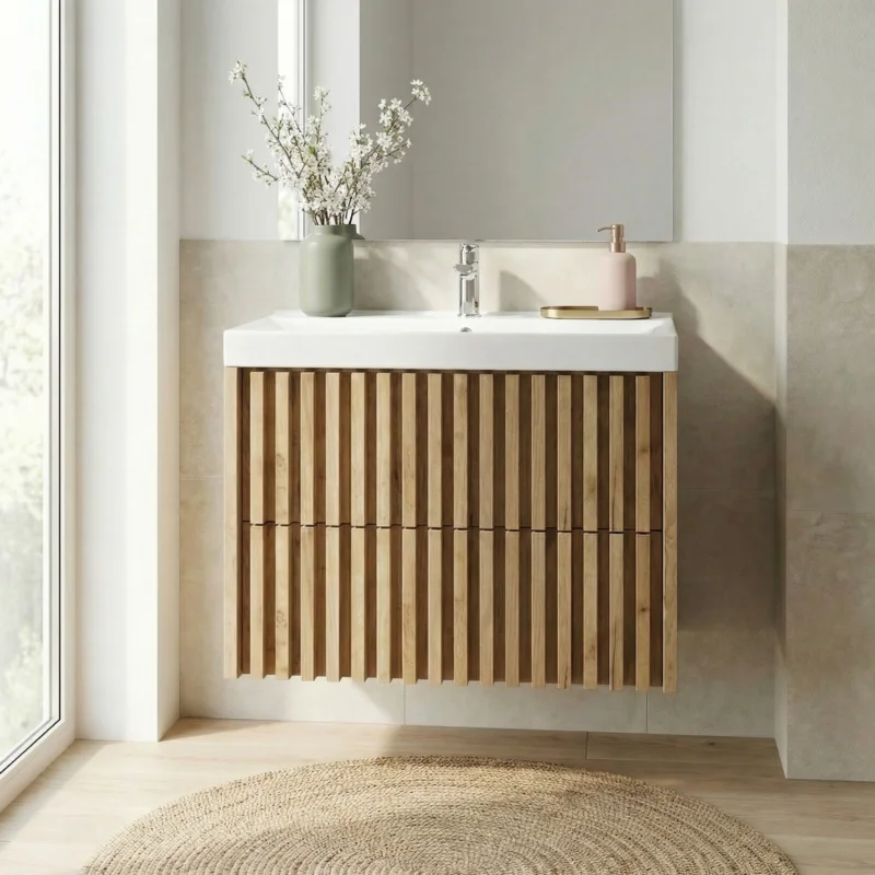 Promotion Saisonnière Meuble de salle de bain 80 x 56 x 46 cm chêne mat avec lavabo SAT Delano suspendu (DELANO80ZDUM)