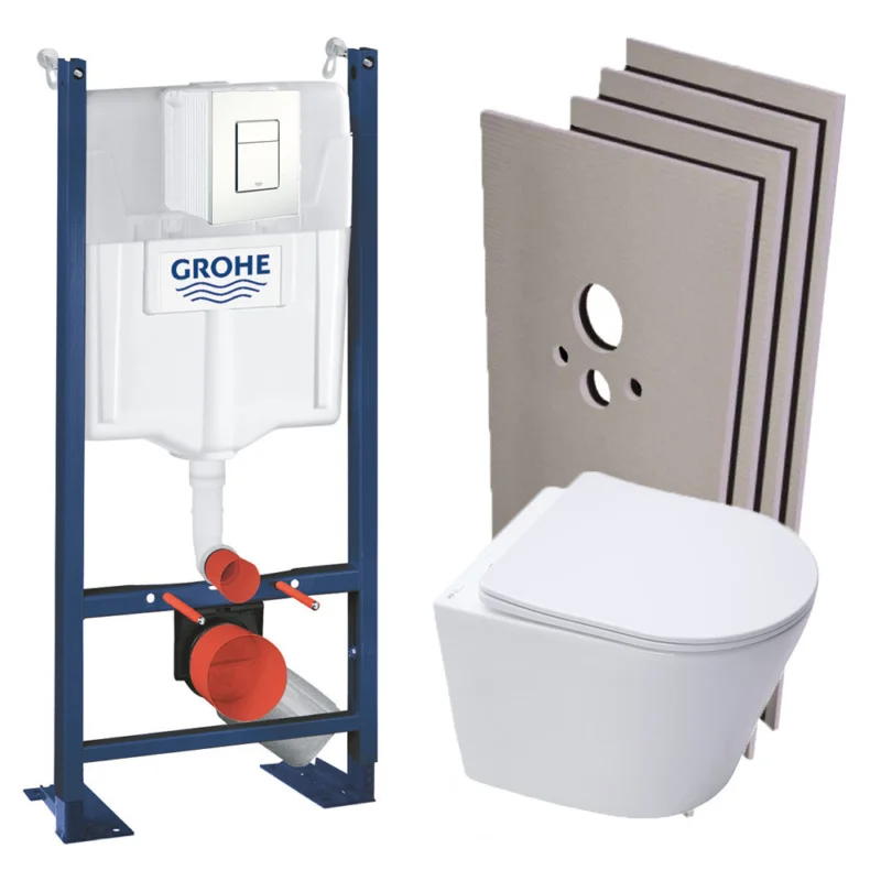 Pack WC Bâti-support autoportant + WC suspendu sans bride SAT + Abattant frein de chute + Plaque Blanc + Set d‘habillage Expédition Rapide