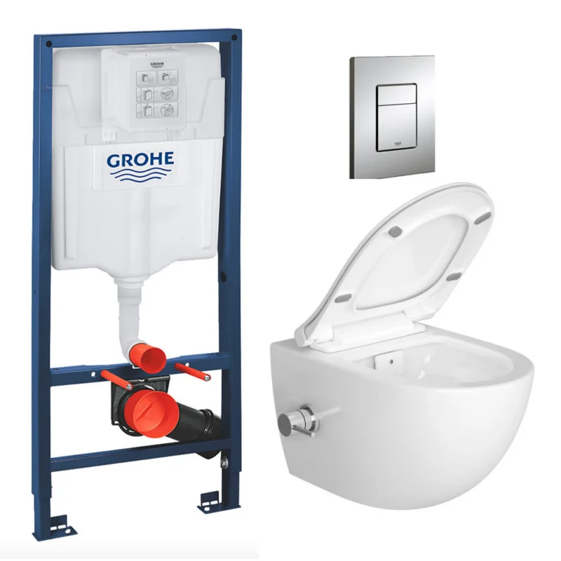 Nouvelle Collection Pack WC Bâti-support Rapid SL + WC sans bride avec fonction bidet thermostatique + Plaque chrome