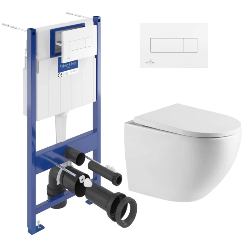 Dernière Chance Pack WC Bâti-support Villeroy & Boch + WC sans bride SAT + Plaque de déclenchement double, Blanche (ViConnectFusionTQ-2)