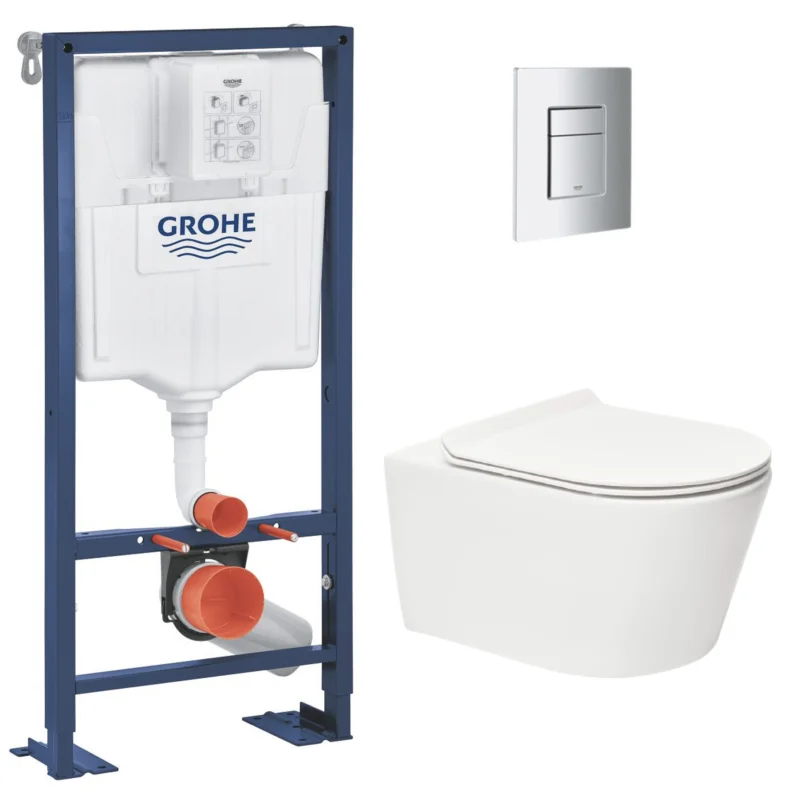Pack WC Bâti autoportant Solido + WC sans bride SAT Brevis + Abattant ultra-fin softclose + Plaque chrome (AUTOPORTANT-BREVIS-1) Meilleure Vente