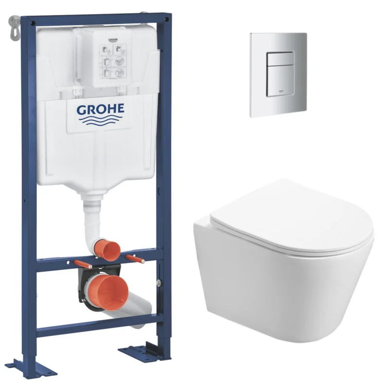 Pack WC Bati support autoportant + WC SAT sans bride + Abattant Soft close + Plaque chrome (Autoportant-Infinitio-1) Solde