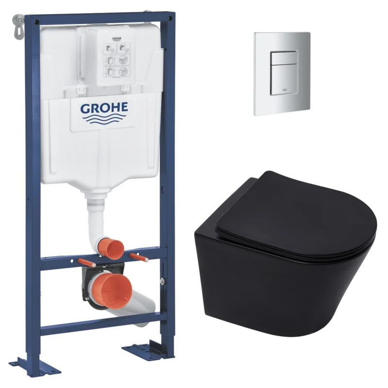 Pas Cher Pack WC Bâti Solido + WC sans bride SAT Noir mat + Abattant frein de chute + Plaque chrome (AUTOPORTANT-BLACKINFINITIO-1)