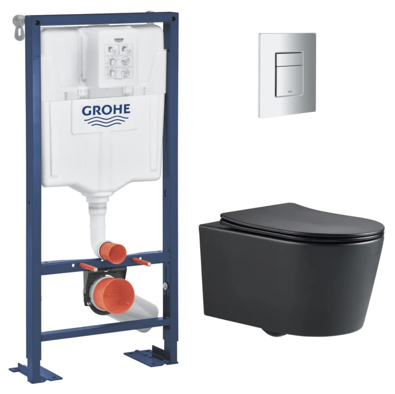 Commande En Gros Pack WC Bâti Solido + WC sans bride SAT Noir mat + Plaque chrome (AUTOPORTANT-BLACKSAT-1)