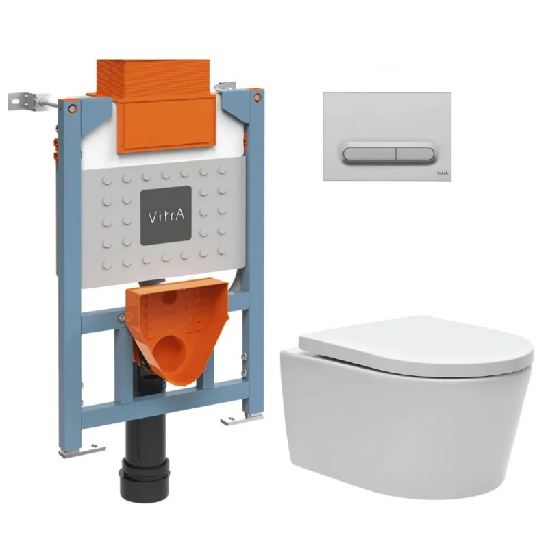 Vente Directe Bâti support 82cm + WC sans bride SAT + Abattant softclose + Plaque Chrome mat (VUNI82SAT-5)