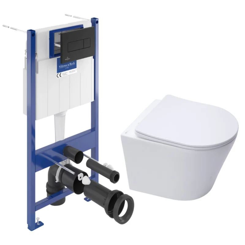 Certifié Pack WC Bâti-support sol mur + WC SAT Infinitio sans bride + Abattant SoftClose + Plaque noire (VCNINFI4)
