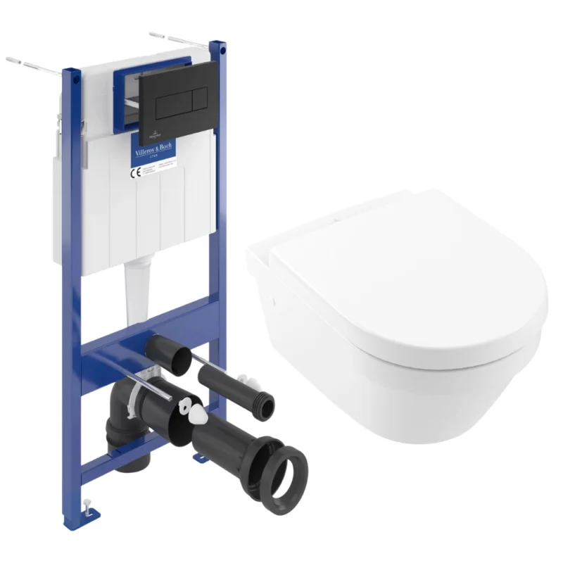 Pack WC Bâti-support sol mur Villeroy & Boch + WC sans bride Villeroy + Abattant SoftClose + Plaque noire (VCNARCHI3-4) Offre Limitée