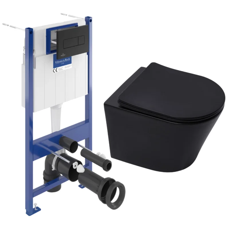 Pack WC Bâti-support sol mur Villeroy & Boch + WC SAT Infinitio sans bride + Abattant SoftClose + Plaque noire (VCNBLINFI4) Prix Réduit