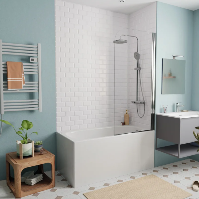 130x70 cm Ensemble baignoire Riga universelle + Pare baignoire pivotant chrome + pieds (3403-SETP) Prix Réduit