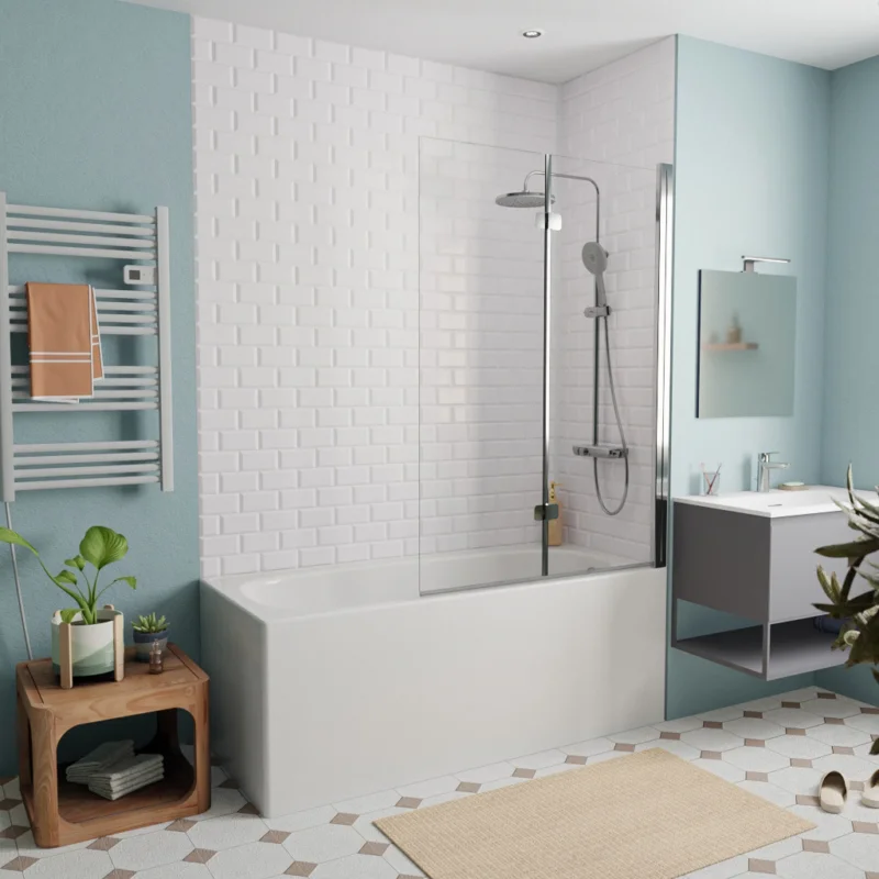 Promotion 160x70 cm Ensemble baignoire Riga universelle + Pare baignoire pliable, 2 volets chrome + pieds (3406-SETP)