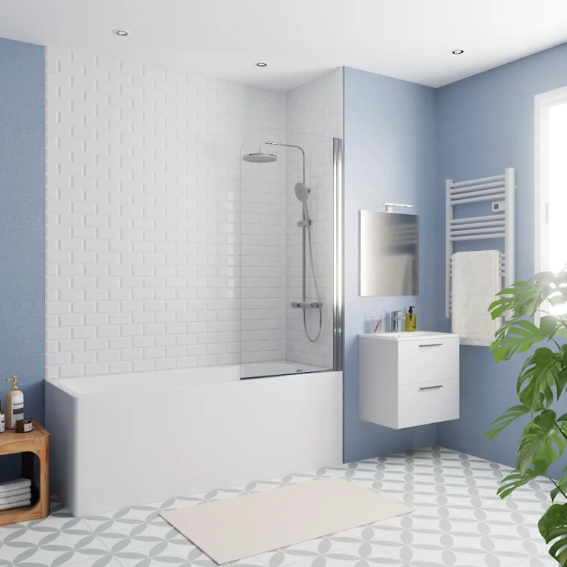 170x70 cm Ensemble baignoire Eurowa universelle + Pare baignoire pivotant chrome + pieds (KW312-SETP1) Bon Marché