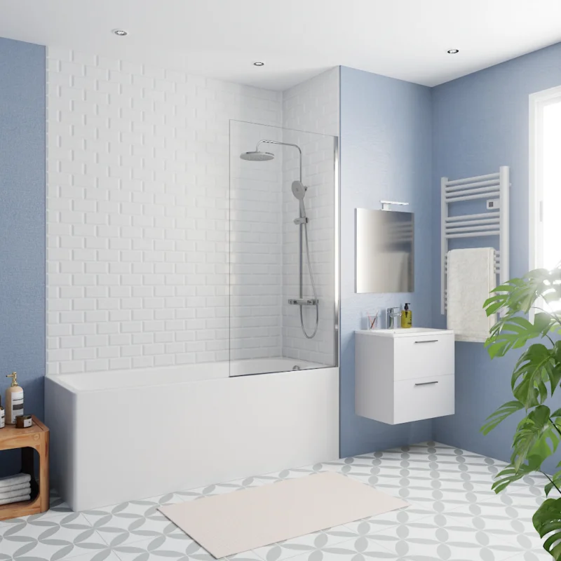 Pas Cher 170x70 cm Ensemble baignoire Eurowa universelle + Pare baignoire fixe chrome + pieds (KW312-SETP3)