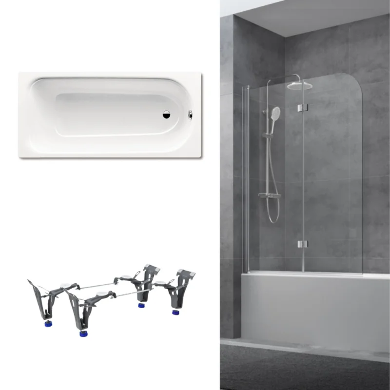 Expédition Rapide 170x75 cm Ensemble baignoire Saniform universelle + Pare baignoire pivotant chrome + pieds (KW3731-SETP1)
