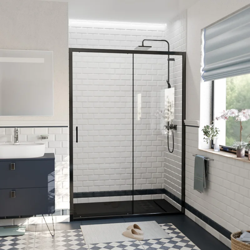 Achat Immédiat PURA Porte de douche 140x195cm coulissante anticalcaire avec profilés Noir mat (CERAHP140B)