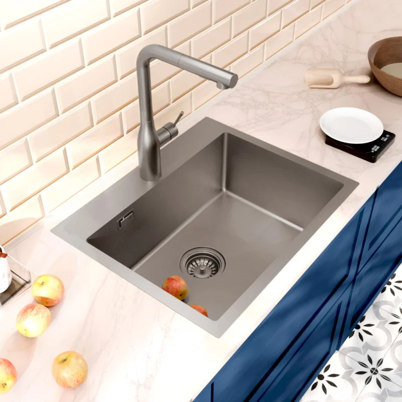 Timeless Évier de cuisine encastrable inox 304, 1 bac, 55x45x21 cm, Gun Metal brossé PVD Produit De Marque