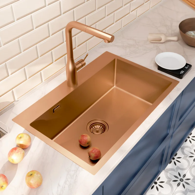 Retour Gratuit Timeless Évier de cuisine encastrable inox 304, 1 bac, 68x45x21 cm, Cuivre brossé PVD