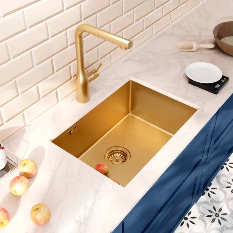Pas Cher Timeless Évier de cuisine sous plan inox 304, 1 bac , 55x45x21 cm, Or brossé PVD