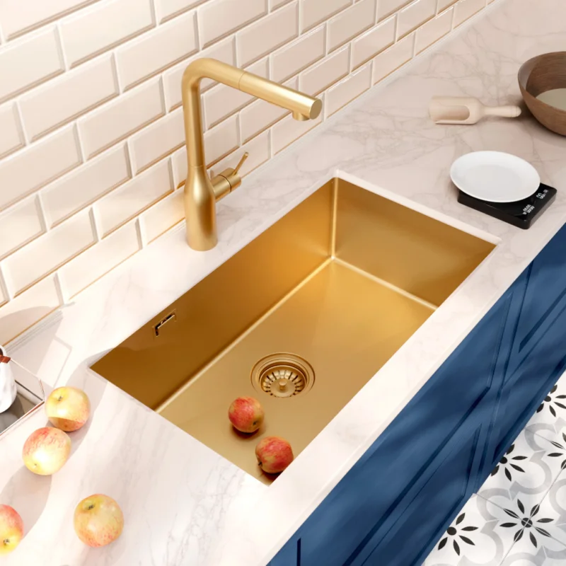 Pas Cher Timeless Évier de cuisine sous plan inox 304, 1 bac , 68x45x21 cm, Or brossé PVD