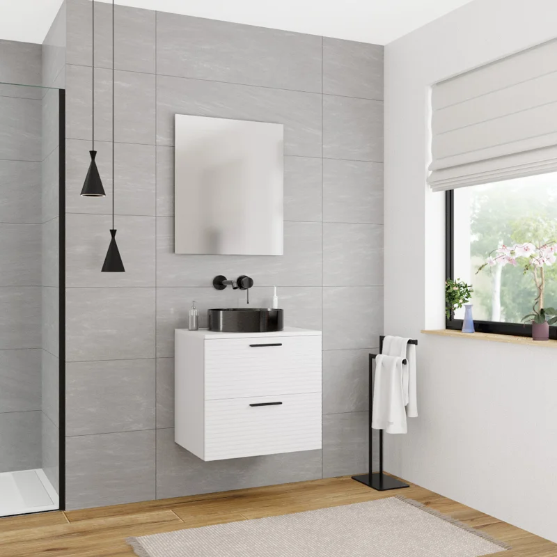 Set complet 60 cm plan vasque blanc mat + meuble assemblé, blanc cassé (CERAMIA-4OW60-S) Seulement Aujourd'hui