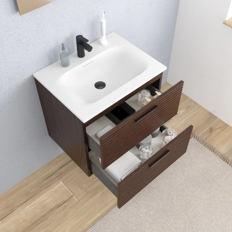 Nouveauté Set complet 60 cm vasque blanc mat + meuble couleur chêne (CERAMIA-4DW60-V)