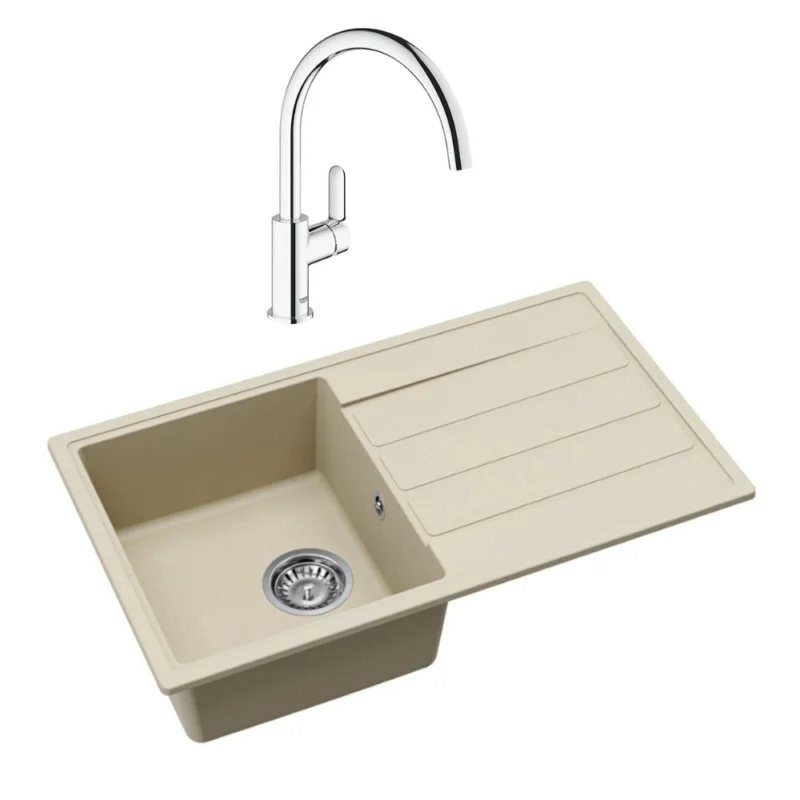 76x44 cm évier avec égouttoir réversible en granite à encastrer + mitigeur monocommande, jasmin (SATSINKGE3J-SET) Nouveauté