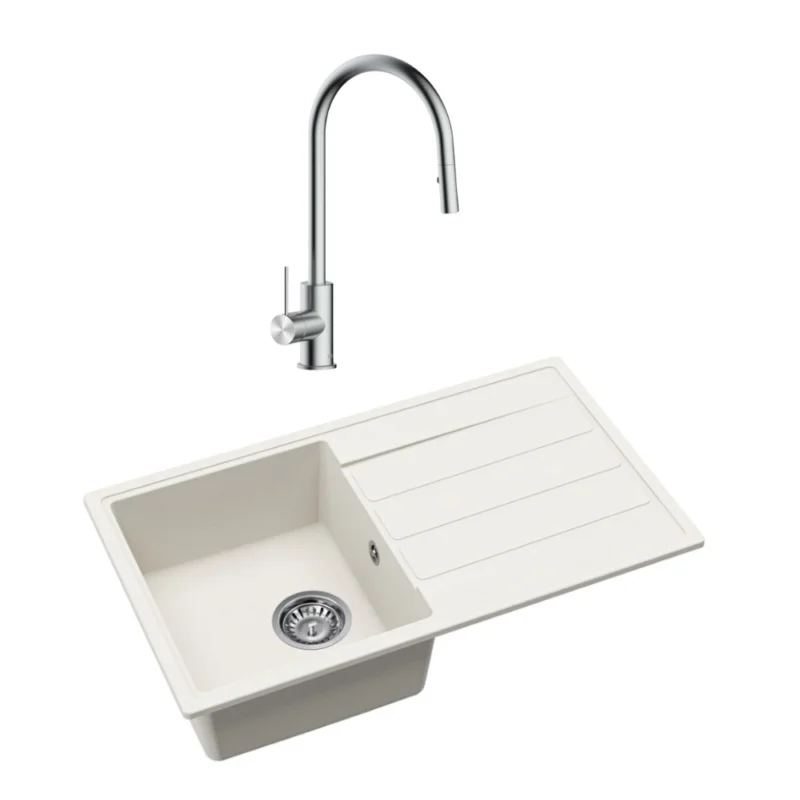 76x44 cm évier avec égouttoir réversible en granite à en castrer + mitigeur avec douchette 2 jets, blanc (SATSINKGE3W-SET1) Bon Marché