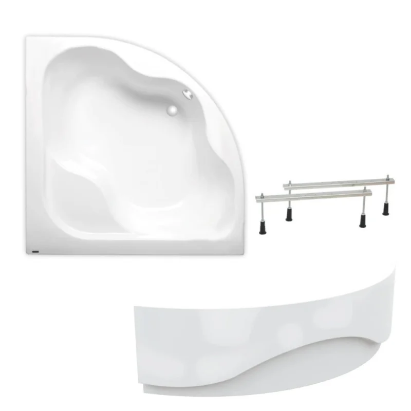 Certifié 150 x 150 cm Synthia Plus baignoire d‘angle + tablier + pieds, Acrylique, Gauche et Droite, Blanc (SY1500PLUS-SET1)
