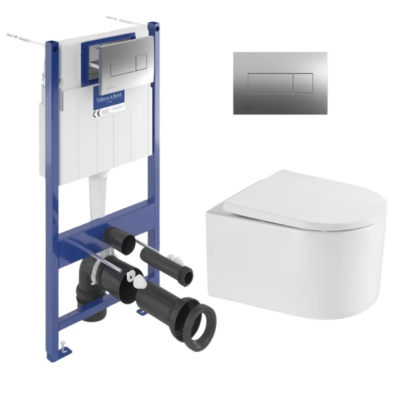 Vente Directe ViConnect Pro S Pack WC bâti Villeroy & Boch + WC sans bride Swiss Aqua Technologies + abattant + plaque (VCNDELANOTQ2CH)