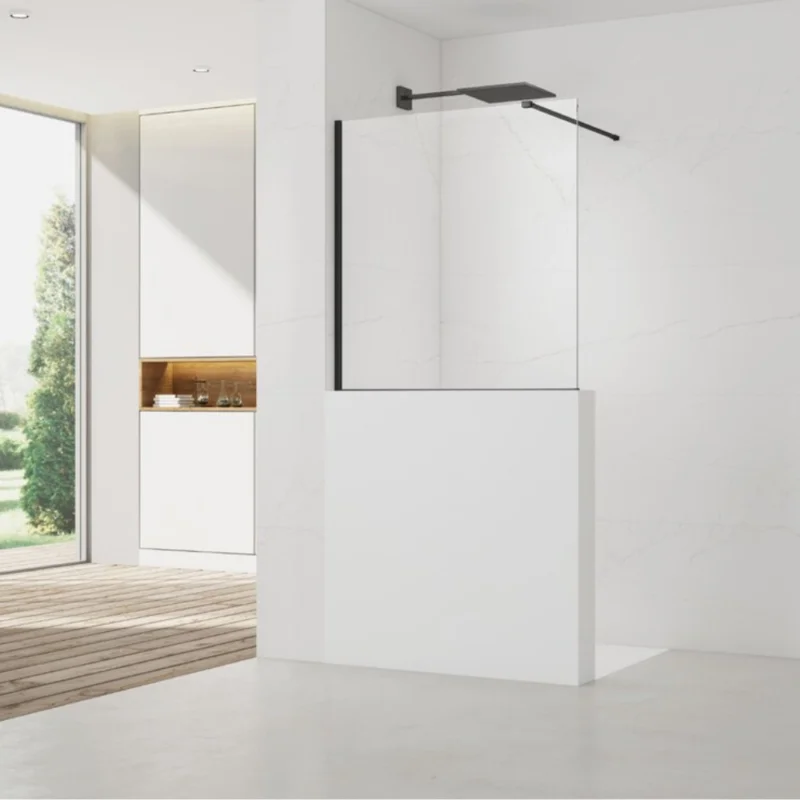 Pare-muret 120x100cm Paroi en verre Crystal Glass® 8 mm anticalcaire, avec bras et profilés noir mat (SATBWIS120PRC) Populaire