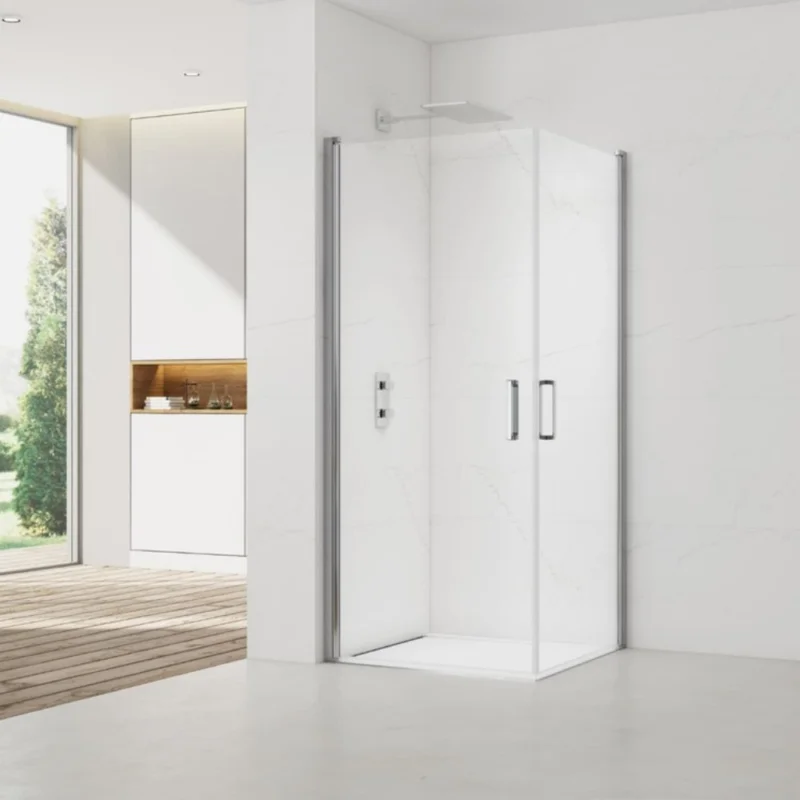 Nouvelle Collection Fusion Portes de douche acces en angle pivotantes 80x80cm anticalcaire avec profilés chrome brillant (SATFUD8080-SET)