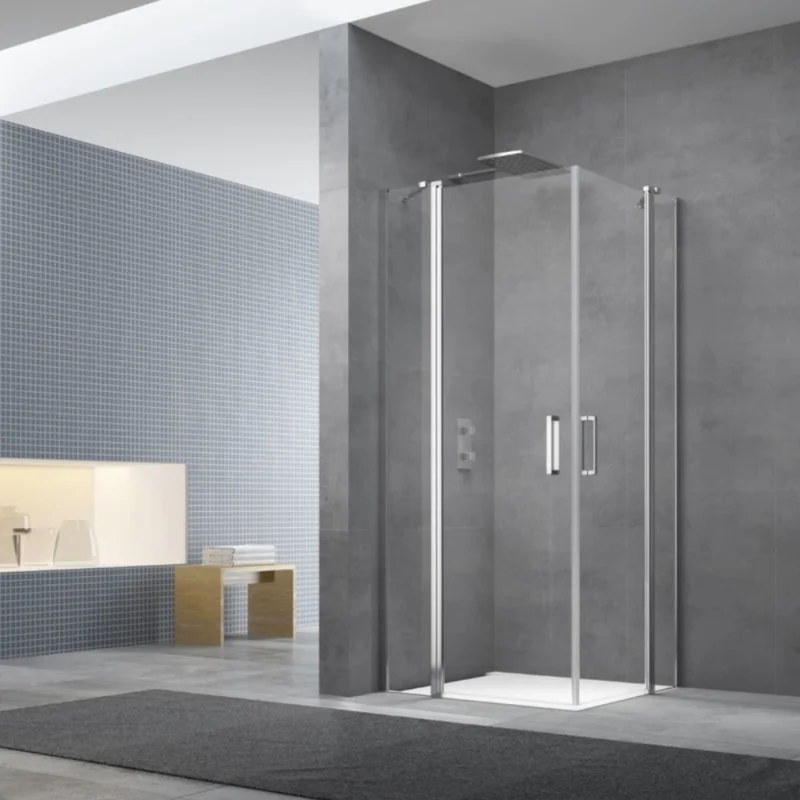 Meilleure Vente Fusion Portes de douche acces en angle pivotantes 100x80cm anticalcaire avec profilés chrome brillant (SATFUD10080-SET)