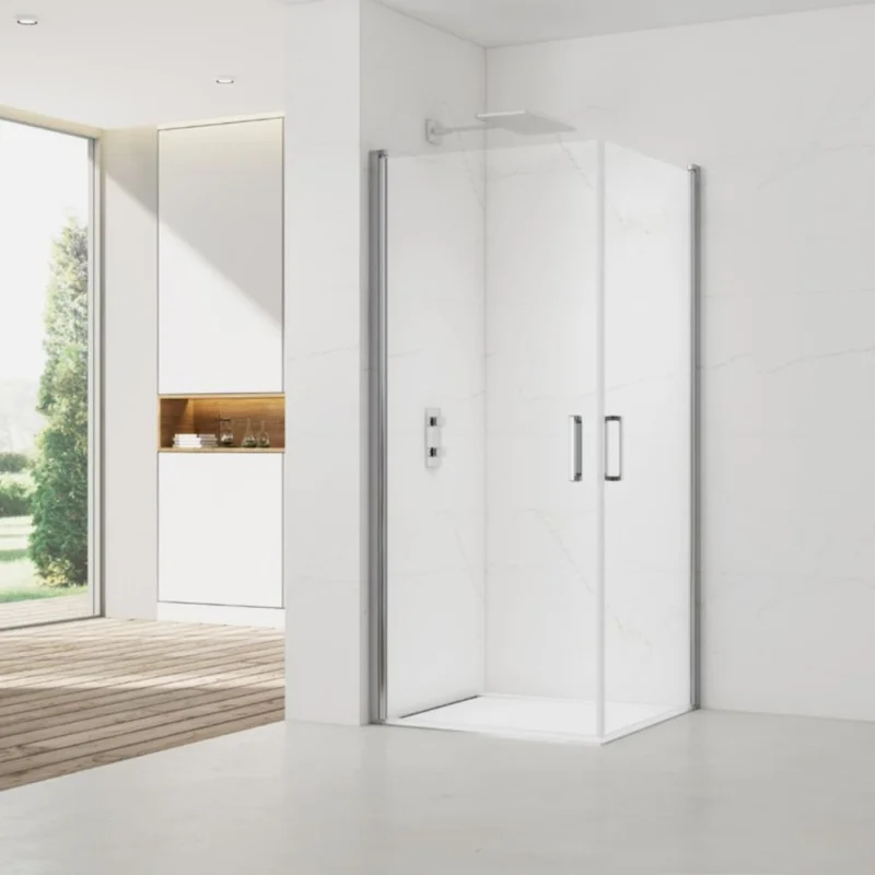 Meilleure Vente Fusion Portes de douche acces en angle pivotantes 100x90cm anticalcaire avec profilés chrome brillant (SATFUD10090-SET)