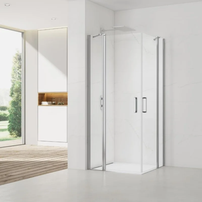 Bon Plan Fusion Portes de douche acces en angle pivotantes 100x80cm anticalcaire avec profilés chrome brillant (SATFUDP10080-SET)