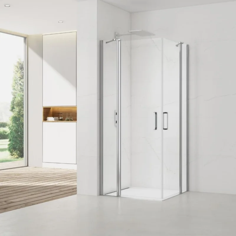 Fusion Portes de douche acces en angle pivotantes 100x90cm anticalcaire avec profilés chrome brillant (SATFUDP10090-SET) Bon Plan